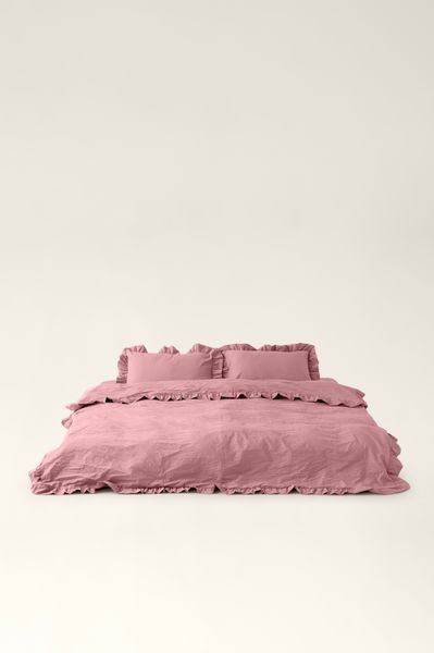 Washed cotton bedding with ruffles Strawberry pink, Double, 2, Flat Sheet