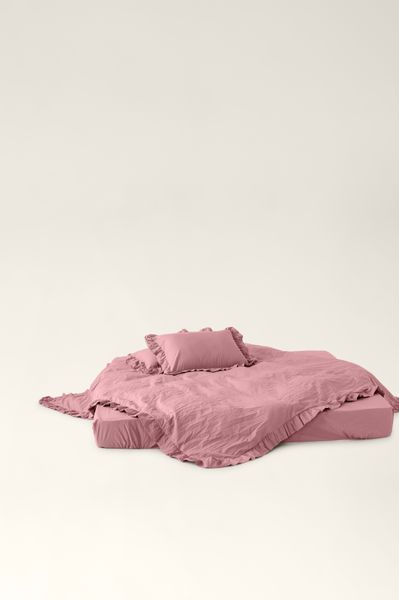 Washed cotton bedding with ruffles Strawberry pink, Double, 2, Flat Sheet
