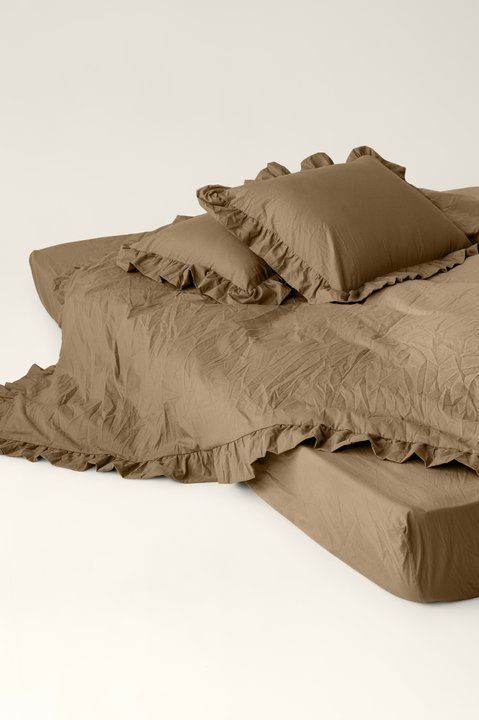 Washed cotton bedding with ruffles Amber, Double, 2, Flat Sheet