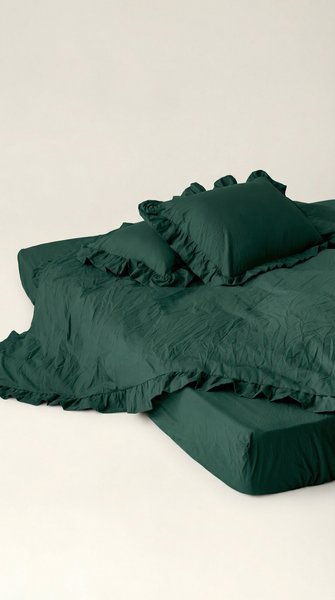 Washed cotton bedding with ruffles Moss, Double, 2, Flat Sheet