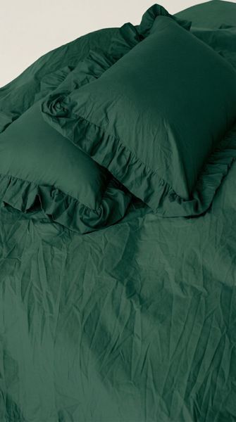 Washed cotton bedding with ruffles Moss, Double, 2, Flat Sheet