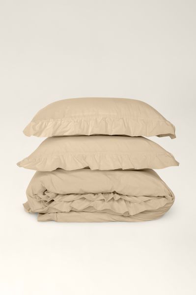 Washed cotton bedding with ruffles Oat, Double, 2, Flat Sheet