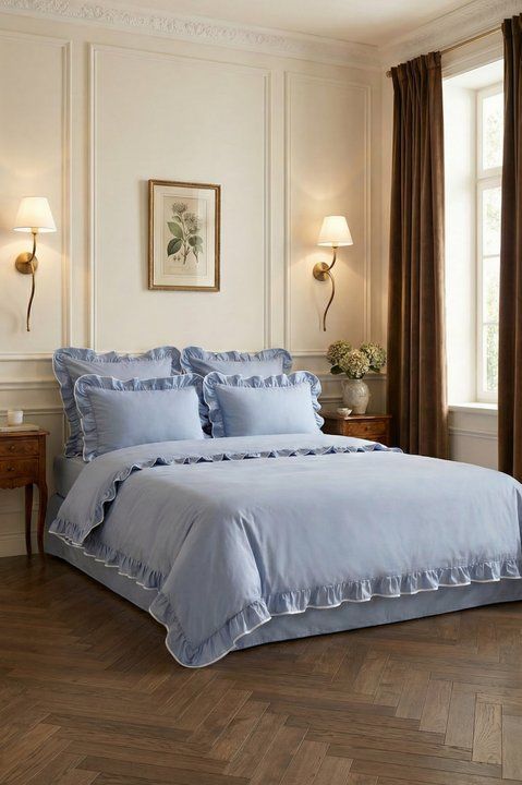 Satin bedding with ruffles and piping Delphi, Double, 2, Flat Sheet
