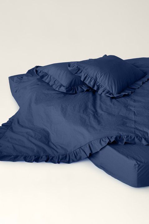 Washed cotton bedding with ruffles Navy, Double, 2, Flat Sheet